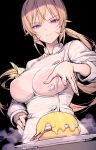  1girl black_background blonde_hair bra_visible_through_clothes breasts chef closed_mouth eggs_benedict food hand_on_own_hip haoni highres large_breasts long_hair looking_at_food looking_down low_ponytail nakiri_erina open_hand plate purple_eyes shirt shokugeki_no_souma simple_background smile solo steam sweat uniform v-shaped_eyebrows very_long_hair white_shirt 