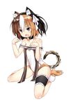  animal_ears bare_shoulders black_eyes brown_hair cat_ears cat_tail choker collarbone fang full_body garters hair_ribbon highres looking_at_viewer multicolored_hair one-piece_swimsuit orange_hair paw_pose ribbon short_hair sitting slit_pupils solo swimsuit tail ttnap wariza white_background white_hair 