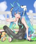  1girl @_@ ahoge animal_ears aqua_hair bad_id bad_twitter_id black_bodysuit black_nails blue_eyes blue_hair blue_sky blurry blurry_background blush bodysuit boots bow cloud crossed_bangs day feet grass hair_bow hand_up heterochromia highres hood hoodie horse_ears horse_girl horse_tail inactive_account long_hair looking_at_viewer multicolored_clothes multicolored_hair multicolored_hoodie nail_polish open_mouth outdoors purple_eyes raigou sharp_teeth sidelocks sitting sky sleeveless sleeveless_bodysuit solo stirrup_legwear striped_bow sweat tail teeth toeless_legwear toenail_polish toenails toes twin_turbo_(umamusume) twintails two-tone_hair umamusume unworn_boots unworn_clothes upper_teeth_only very_long_hair yellow_footwear 