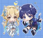  1boy 1girl :d akanbe animal_ear_fluff animal_ears artist_name blue_background breasts bright_pupils cat_ears cat_tail chibi chibi_only cleavage eyelid_pull floating full_body genshin_impact grid_background hair_between_eyes hand_up hands_on_own_chin hands_up kemonomimi_mode lumine_(genshin_impact) outline pigeon-toed scaramouche_(genshin_impact) shoe_soles smile snow20200 standing standing_on_one_leg tail tongue tongue_out wanderer_(genshin_impact) white_outline 