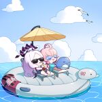  2girls :d absurdres ahoge beach_chair blue-tinted_eyewear blue_archive blue_jacket blue_sky chibi cloud cloudy_sky commentary_request cup demon_girl demon_horns demon_wings drink drinking drinking_glass drinking_straw drinking_straw_in_mouth drooling hair_between_eyes hair_bobbles hair_ornament hairclip halo highres hina_(blue_archive) hina_(swimsuit)_(blue_archive) holding holding_cup hood hooded_jacket horizon horns hoshino_(blue_archive) hoshino_(swimsuit)_(blue_archive) hugging_doll hugging_object inflatable_duck inflatable_raft jacket long_hair long_sleeves low_twintails lying multiple_girls ocean official_alternate_costume official_alternate_hairstyle old_school_swimsuit on_back one_side_up open_clothes open_jacket outdoors parted_bangs pink_hair relaxing school_swimsuit sidelocks simple_background sitting sky sleeping smile stuffed_whale sunglasses swimsuit tinted_eyewear twintails uz_(uzru0428) wings 