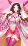  bare_shoulders black_hair blush breasts closed_mouth commentary_request cowboy_shot detached_sleeves facial_mark fate/extra fate/extra_ccc fate_(series) forehead_mark horns lace large_breasts long_hair long_sleeves looking_at_viewer matsurika_youko navel panties pink_legwear pink_panties sesshouin_kiara sideboob smile solo stomach thighhighs underwear veil very_long_hair wide_sleeves yellow_eyes 