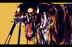  absurdres animal blood blood_on_mouth blood_on_tongue colored_sclera dream_tiger_(govy9807) english_commentary fangs fangs_out highres ishmi letterboxed looking_at_another monster monster_focus no_humans open_mouth orange_sclera sharp_teeth solo teeth tiger tongue yellow_background 