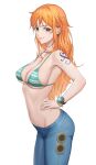  1girl absurdres ano_(gccx8784) arm_tattoo bare_shoulders bikini bikini_top_only blue_pants bracelet breasts cleavage closed_mouth cowboy_shot denim green_bikini grey_eyes hand_on_own_hip highres jeans jewelry large_breasts log_pose long_hair looking_at_viewer nami_(one_piece) navel one_piece orange_hair pants simple_background smile solo stomach strap_gap striped_bikini striped_clothes swimsuit tattoo very_long_hair wavy_hair white_background 