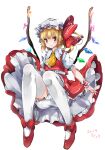 1girl 2019 ascot bloomers bow center_frills closed_mouth collared_shirt dated flandre_scarlet frilled_ascot frilled_shirt_collar frilled_skirt frilled_sleeves frills full_body hair_bow hat highres kankai_(yamimomon) large_bow light_smile looking_at_viewer multicolored_wings puffy_short_sleeves puffy_sleeves red_bow red_eyes red_footwear red_ribbon red_skirt red_vest ribbon ribbon-trimmed_headwear ribbon_trim shirt short_sleeves simple_background skirt skirt_set solo thighhighs touhou vest white_background white_bloomers white_hat white_shirt white_thighhighs wings wrist_cuffs yellow_ascot 