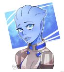  1girl absurdres alien asari_(mass_effect) blackzodiacqx blue_eyes blue_skin colored_skin highres jacket liara_t&#039;soni looking_at_viewer mass_effect_(series) signature solo upper_body 