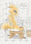  2015 ambiguous_gender anthro areola barefoot bath bathroom black_sclera blue_eyes blush breasts bucket butt canine daigaijin dialogue digimon english_text female fox fur hi_res looking_at_viewer looking_back mammal nipples nude open_mouth rear_view renamon sitting small_breasts solo speech_bubble steam stool talking_to_viewer text towel traditional_media_(artwork) water watercolor_(artwork) wet yellow_fur young 