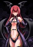  &gt;:) bangs bare_shoulders black_gloves breasts commentary_request cowboy_shot dark_persona demon_girl demon_wings elbow_gloves evil_smile gloves glowing glowing_eyes gold_trim hand_on_hip head_wings highres inyuppo koakuma latex latex_gloves long_hair looking_at_viewer medium_breasts navel parted_lips red_eyes red_hair revealing_clothes shiny shiny_clothes smile solo stomach strap tattoo thighhighs touhou tsurime v-shaped_eyebrows wings 