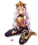  agnamore armor bangs bare_shoulders blush bodystocking bodysuit cleavage_cutout covering covering_breasts curly_hair dot_nose elbow_gloves flat_chest full_body gem gloves gold_trim granblue_fantasy headpiece highres lavender_hair long_hair looking_at_viewer medusa_(shingeki_no_bahamut) no_panties pointy_ears shadowverse shingeki_no_bahamut simple_background sitting skin_tight solo torn_clothes very_long_hair wariza white_background wide_hips yellow_eyes 