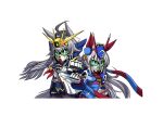  2girls animal_ears armor blue_eyes colored_sclera crossbone_gundam crossbone_gundam_x-3 faceplate green_sclera grey_hair gundam gundam_wing_endless_waltz hairband horse_ears jacket long_hair mayohineko_(mdhs8358) mecha_musume multiple_girls oguri_cap_(umamusume) parody pauldrons scarf sd_gundam sd_sengokuden shoulder_armor style_parody tamamo_cross_(umamusume) umamusume very_long_hair white_background wing_gundam_zero_custom 