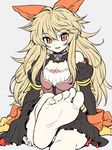  1girl arm_support bare_shoulders barefoot blonde_hair blush cleavage feet hair_bow long_hair looking_at_viewer one_leg_raised orange_eyes parted_lips pov pov_feet sitting soles toes 