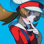  absurdres blue_background blush brown_eyes brown_hair cabbie_hat hat highres kotone_(pokemon) looking_at_viewer open_mouth pokemon pokemon_(game) pokemon_hgss red_shirt shirt simple_background smile solo suspenders tokiya twintails v 