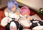  an-telin blue_hair breasts closed_eyes commentary hair_ornament hair_over_one_eye highres maid maid_headdress multiple_girls nipples pink_hair ram_(re:zero) re:zero_kara_hajimeru_isekai_seikatsu rem_(re:zero) ribbon-trimmed_clothes ribbon_trim short_hair siblings sisters sleeping small_breasts twins x_hair_ornament 