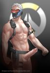  1boy abs bara diediedie erection male_focus mask muscle overwatch pecs penis silver_hair solo weapon 