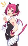  :d bangs black_legwear black_shirt bracelet commentary_request cowboy_shot demon_horns disgaea fang flat_chest from_side hand_on_hip horns index_finger_raised jewelry kinta_(distortion) looking_at_viewer makai_senki_disgaea_3 open_mouth pantyhose pink_eyes pink_hair pointy_ears raspberyl sailor_collar shirt short_hair simple_background skirt sleeveless sleeveless_shirt smile smug solo tail v-shaped_eyebrows white_background white_skirt 