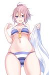  absurdres ahoge aoba_(kantai_collection) ass_visible_through_thighs bikini blue_bikini blue_eyes breasts collarbone from_below hair_between_eyes highres kantai_collection looking_at_viewer looking_down matsunoki_(unknown_751) medium_breasts navel open_mouth pink_hair ponytail short_hair simple_background solo striped striped_bikini swimsuit towel underboob white_background 