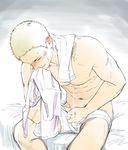  1boy blonde_hair blush eyes_closed itto_(mentaiko) male_focus masturbation penis_grab sitting solo sweat topless towel underwear undressing wince 