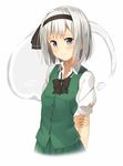  arms_at_sides artist_name bangs black_hairband blouse blue_eyes blush closed_mouth commentary dated eyebrows_visible_through_hair green_skirt grey_hair hairband hitodama kinta_(distortion) konpaku_youmu konpaku_youmu_(ghost) looking_at_viewer pleated_skirt short_hair short_sleeves signature silver_hair simple_background skirt smile solo touhou upper_body vest white_background white_blouse 