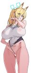  1girl animal_ear_fluff animal_ears bar_censor blonde_hair blue_archive blue_eyes blue_halo breasts censored clothes_pull competition_swimsuit dog_ears hair_over_one_eye halo hands_up highres kanna_(blue_archive) kanna_(swimsuit)_(blue_archive) large_breasts long_hair official_alternate_costume one-piece_swimsuit one-piece_swimsuit_pull ponytail radiocupcake solo swimsuit valkyrie_police_academy_swimsuit white_one-piece_swimsuit 