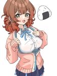  1girl absurdres blue_overskirt blue_ribbon blue_skirt blush breasts brown_hair cardigan commentary food gakuen_idolmaster hair_bun hanami_ume hatsuboshi_gakuen_school_uniform highres idolmaster large_breasts long_sleeves looking_at_viewer mo_(zhtr2524) neck_ribbon onigiri orange_hair pink_cardigan pleated_skirt ribbon school_uniform shirt simple_background single_side_bun skirt smile solo symbol-only_commentary white_background white_shirt 