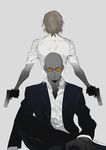  &gt;:) akechi_gorou artist_name back bald crossed_legs dual_wielding evil_eyes facial_hair father_and_son from_behind glasses gloves goatee grey_background gun handgun highres holding holding_gun holding_weapon jacket kaninn limited_palette looking_at_viewer male_focus multiple_boys open_clothes open_jacket orange_eyes pants persona persona_5 semi-rimless_eyewear shidou_masayoshi shirt short_sleeves simple_background sitting smile spoilers spot_color standing suit_jacket v-shaped_eyebrows weapon wing_collar 