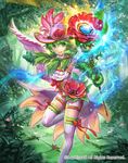  anemone_musketeer_susanna cape cardfight!!_vanguard company_name feet_out_of_frame flower gem gloves green_eyes green_hair hat hmk84 leaf low_twintails official_art solo sparkle staff thighhighs tree twintails 