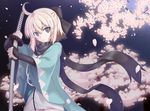  ahoge black_bow black_scarf blonde_hair bow cherry_blossoms cowboy_shot fate/grand_order fate_(series) grey_background hair_between_eyes hair_bow half_updo highres holding holding_sword holding_weapon japanese_clothes mizuki_saeka okita_souji_(fate) okita_souji_(fate)_(all) outdoors scarf sheath sheathed shinsengumi short_hair sidelocks solo sword tree weapon 