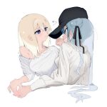  2girls bang_dream! bang_dream!_it's_mygo!!!!! baseball_cap black_hat black_ribbon blonde_hair blue_hair blush closed_mouth green_eyes hair_ribbon hat heart highres holding_hands long_hair long_sleeves looking_at_another misumi_uika multiple_girls off_shoulder parted_lips peke_(pekeiscat) purple_eyes ribbon shirt smile sweatdrop togawa_sakiko two_side_up upper_body white_shirt yuri 
