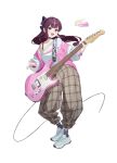  1girl absurdres baggy_pants black_choker bow bra_strap choker contrapposto electric_guitar fang floating_hair full_body guitar hair_bow highres holding holding_instrument instrument jacket jururu long_hair pants pink_eyes purple_hair shoes single_off_shoulder sneakers solo uzu virtual_youtuber waktaverse 