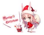  animal_ears blue_eyes blush bunny bunny_ears candy candy_cane chibi commentary_request food hair_between_eyes hat holding long_hair looking_at_viewer merry_christmas open_mouth original pierorabu pink_hair sack santa_costume santa_hat simple_background solo tareme white_background 
