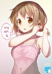  1girl adjusting_hair artist_name bangs brown_eyes brown_hair camisole circle_name flower gradient gradient_background hair_flower hair_ornament hard_translated idolmaster idolmaster_cinderella_girls kisaragi_miyu looking_at_viewer matching_hair/eyes mimura_kanako parted_lips pink_shirt shirt short_hair sketch solo spoken_sweatdrop standing sweatdrop text translated upper_body watermark 