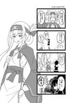 4koma ainu_clothes bandana bird bluesterw blush check_translation comic commentary_request cropped_jacket dress folded_ponytail greyscale headband highres kamoi_(kantai_collection) kantai_collection long_hair long_sleeves monochrome multiple_girls non-human_admiral_(kantai_collection) remodel_(kantai_collection) shigure_(kantai_collection) sidelocks sleeveless sleeveless_dress thick_eyebrows thighhighs translated translation_request 