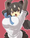  animal_ears arched_back attack bear_ears bear_girl bear_paw_hammer black_hair black_skirt blue_bow blue_neckwear bouncing_breasts bow bowtie breasts brown_bear_(kemono_friends) brown_eyes commentary fang kemono_friends large_breasts miniskirt murata_tefu open_mouth pleated_skirt red_background shirt short_hair simple_background skirt solo upper_body weapon white_shirt 