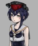  asymmetrical_hair bare_shoulders black_hair blush breasts brown_eyes commentary dodomori framed_breasts grey_background hair_between_eyes hat headphones i-13_(kantai_collection) kantai_collection sailor_collar school_swimsuit short_hair simple_background sleeveless small_breasts solo swimsuit 