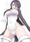  black_hair blush breasts dated emperor_penguin_(kemono_friends) hair_over_one_eye headphones hjm kemono_friends large_breasts leotard long_hair looking_at_viewer multicolored_hair solo thighhighs twitter_username white_legwear white_leotard 
