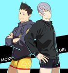  2boys bulge crotch itto_(mentaiko) looking_at_viewer male_focus multiple_boys silver_hair smile tagme underwear 