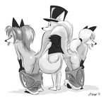  2013 anthro bottomless butt canine clothed clothing female fox greyscale group hat male mammal millie monochrome ozy ozy_and_millie ribnose tongue tongue_out top_hat topless young 