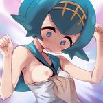  1girl @_@ armpits arms_up assisted_exposure blue_eyes blue_hair blush breasts collarbone e_keroron hairband hetero nipples one-piece_swimsuit one_breast_out pokemon pokemon_(game) pokemon_sm shirt shirt_pull short_hair sleeveless sleeveless_shirt small_breasts suiren_(pokemon) surprised swimsuit swimsuit_aside swimsuit_under_clothes thought_bubble trial_captain upper_body yellow_hairband 
