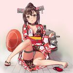  accident agnamore bag bare_legs blush breasts brown_eyes brown_hair cherry_blossoms cleavage collar floral_print full_body handbag headgear highres japanese_clothes kantai_collection kimono legs long_hair looking_at_viewer medium_breasts mole mole_on_breast no_bra obi open_mouth oriental_umbrella panties pantyshot pantyshot_(sitting) ponytail sash shoes single_shoe sitting slippers solo tears thigh_strap thighs umbrella underwear white_panties yamato_(kantai_collection) yukata 