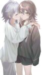  2girls absurdres alternate_costume biting black_shirt black_shorts cheek_biting closed_eyes cowboy_shot highres honkai:_star_rail honkai_(series) long_hair long_sleeves looking_at_viewer march_7th_(honkai:_star_rail) multiple_girls mumei_(no_name_illust) pajamas pants parted_lips shirt shorts simple_background sleeves_past_fingers sleeves_past_wrists stelle_(honkai:_star_rail) trailblazer_(honkai:_star_rail) white_background white_pants white_shirt yellow_eyes yuri 