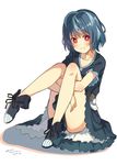  ankle_boots bangs black_bullet black_dress blue_hair blush boots c: character_name closed_mouth collarbone commentary_request copyright_name dated dress eyebrows_visible_through_hair full_body hiruko_kohina kinta_(distortion) knees_together_feet_apart leg_hug looking_at_viewer red_eyes short_hair simple_background sitting smile solo thighs wavy_hair white_background 