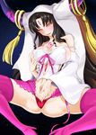  1girl areola_slip areolae bare_shoulders black_hair boots breasts cleavage detached_sleeves fate/extra_ccc fate_(series) horns long_hair navel open_mouth panties sesshouin_kiara spread_legs thigh_boots wide_sleeves yellow_eyes 