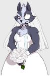  aliasing anthro bouquet bride canine claws clothed clothing collar crossdressing dress eye_patch eyewear fingerless_gloves fur gloves grey_background grey_fur leondra male mammal nintendo red_eyes simple_background solo spiked_collar spikes star_fox veil video_games wedding_dress wolf wolf_o&#039;donnell 