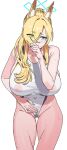  1girl animal_ear_fluff animal_ears blonde_hair blue_archive blue_eyes blue_halo blush breasts competition_swimsuit covering_own_mouth dog_ears hair_over_one_eye halo hand_on_own_face hand_on_own_stomach highres kanna_(blue_archive) kanna_(swimsuit)_(blue_archive) large_breasts long_hair nipples official_alternate_costume one-piece_swimsuit ponytail radiocupcake see-through solo swimsuit valkyrie_police_academy_swimsuit wet white_background white_one-piece_swimsuit 