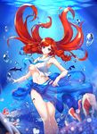  air_bubble bikini_bottom blazblue blue_eyes breasts breath bubble commentary_request coral freediving highres holding_breath large_breasts long_hair navel nokmal ocean open_clothes open_shirt red_hair sarong shirt smile submerged swimming swimsuit tsubaki_yayoi underboob underwater 