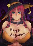  abs alternate_costume bare_shoulders black_bow black_gloves blue_eyes blush bow braid breast_hold breast_lift breasts chocolate_on_breasts cleavage closed_mouth collarbone commentary_request elbow_gloves fang gloves hair_bow halloween halloween_costume happy_halloween hat hong_meiling katsuko_wi_wi large_breasts long_hair looking_at_viewer red_hair smile solo touhou twin_braids witch_hat 