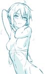  ahoge arms_up bangs blush breasts closed_mouth covered_navel eyebrows_visible_through_hair hair_between_eyes half-closed_eyes kinta_(distortion) looking_at_viewer medium_breasts no_nipples original short_hair simple_background sketch solo swimsuit_pull upper_body wavy_mouth wet 