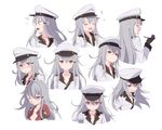  bad_id bad_pixiv_id black_gloves blush closed_eyes cnm commentary_request expressions gangut_(kantai_collection) gloves hat jacket kantai_collection long_hair long_sleeves looking_at_viewer multiple_views one_eye_closed open_mouth peaked_cap red_eyes scar silver_hair simple_background upper_body white_background white_jacket 