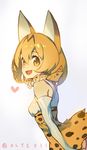  :d animal_ears arm_at_side bare_shoulders blonde_hair bow bowtie breasts covered_nipples cowboy_shot elbow_gloves eyebrows_visible_through_hair eyelashes fang from_side gloves hair_between_eyes heart high-waist_skirt kemono_friends looking_at_viewer looking_to_the_side multicolored multicolored_clothes multicolored_skirt olys open_mouth serval_(kemono_friends) serval_ears serval_print shirt short_hair simple_background skirt sleeveless sleeveless_shirt small_breasts smile solo standing tareme twitter_username upper_body white_background white_gloves white_shirt yellow_eyes 