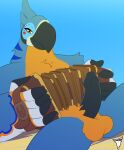  accordion anthro avian balls beak blue_background bmbrigand breath_of_the_wild genitals hi_res kass_(tloz) looking_at_viewer male musical_instrument nintendo nude penis playing_music presenting rito simple_background solo spread_legs spreading the_legend_of_zelda 